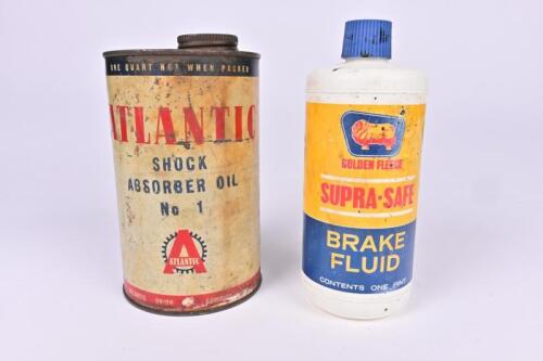 ATLANTIC/GOLDEN FLEECE: An Atlantic shock absorber oil tin and Golden Fleece Supra-Safe plastic brake fluid container