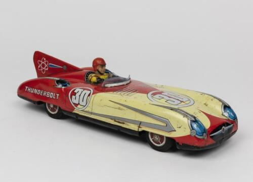 RACE CAR: A 1950s Japanese friction operated tin toy of an race car by Aoshin (28cm long)