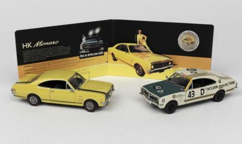 HOLDEN: Two 1:32 scale die cast models of Holden Monaro HT by OzLegends plus 50th anniversary 50c Monaro commemorative coin
