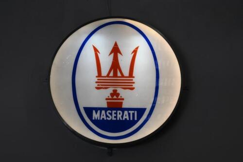 MASERATI: An impressive and massive late 1960s/early 1970s Maserati Showroom display light box ex-Talbot Motors of Collingwood, 1.6 meters diameter (NOTE LOCATION)