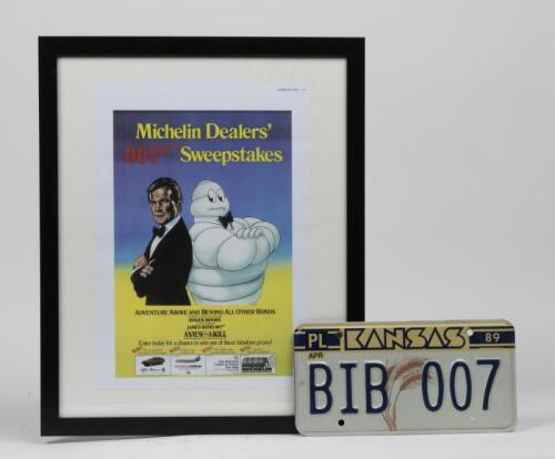 MICHELIN: A colour advertisement of a James Bond 007 Michelin dealers' sweepstakes poster, 1985 and a Kansas number plate 'BIB 007'