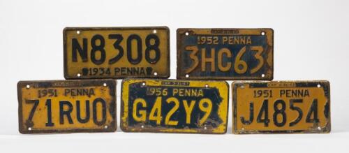 PENNSYLVANIA: Five mid-20th century Pennsylvanian number plates
