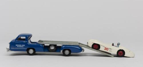 MERCEDES: Two 1:43 die-cast models of Mercedes including a 1950s racing streamliner&nbsp;by Dinky and a modern&nbsp;Mercedes Benz Renntransporter by Conrad nicknamed The Blue Wonder.