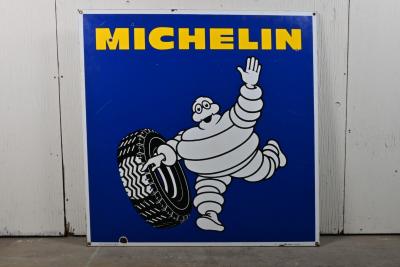 MICHELIN: A large circa 1960s large Michelin ‘running Bibendum’ enamel sign ( 95cm square)