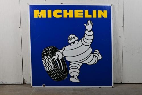 MICHELIN: A large circa 1960s large Michelin &lsquo;running Bibendum&rsquo; enamel sign ( 95cm square)