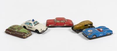 TIN TOYS: A group of five tin toys. Porsche Police vehicle