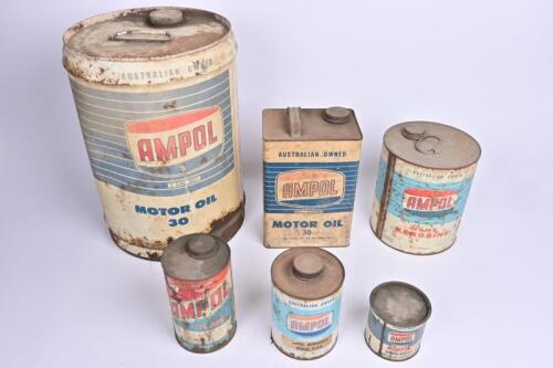 AMPOL: Six Ampol drums and tins