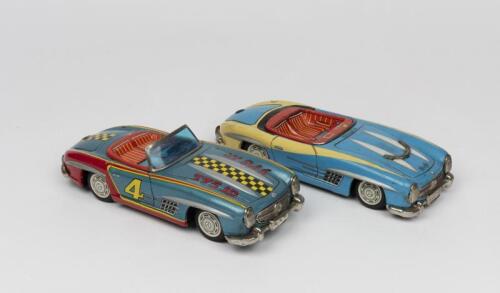 MERCEDES: Two 1950s Japanese friction operated tin toys of a Mercedes Benz 300 SL 2-Door Roadster in racing livery by Bandai