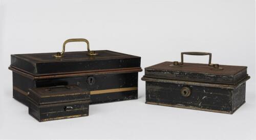 CASH BOXES: Three cash tin boxes, English late 19th/ early 20th century