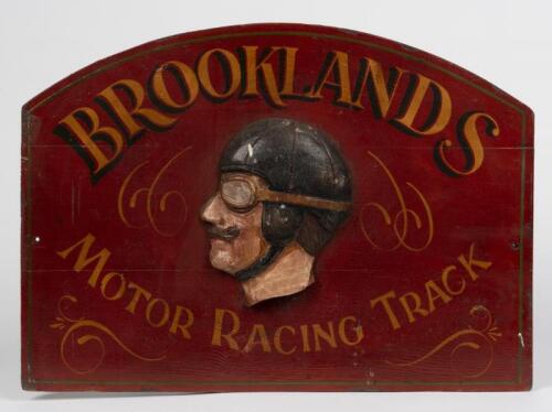 BROOKLANDS: A decorative reproduction thick wooden sign displaying "Brooklands Motor Racing Track", circa 1970s/1980's (44 x 61cm wide)