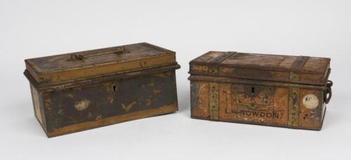 CASH BOXES: Two brown painted cash tin boxes, early 20th century