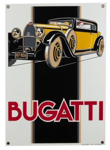 BUGATTI: A reproduction Art Deco enamel sign featuring a Bugatti