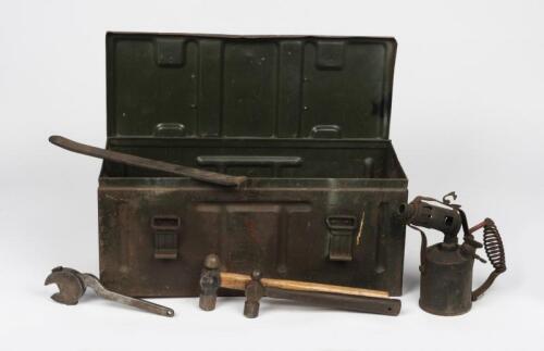 TOOLS: A steel ammunitions box circa 1945 and a collection of vintage tools
