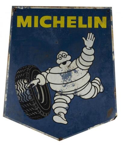MICHELIN: A circa 1960s shield form Michelin double-sided hanging enamel sign (80cm high)