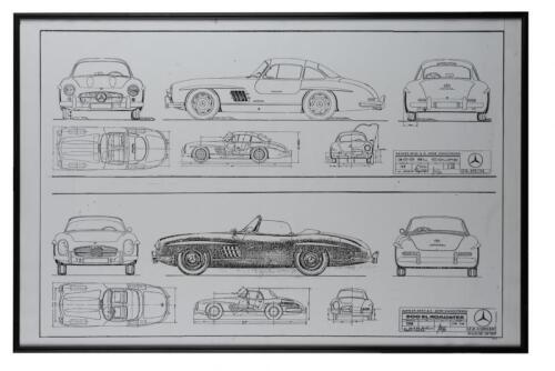 MERCEDES: A black and white copy of the original design drawings of the Daimler-Benz 300SL Coupe and Roadster, circa 1954