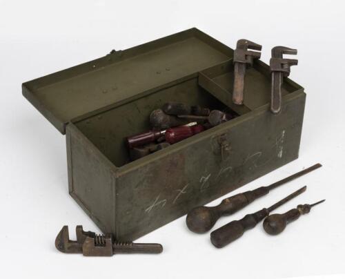 TOOLS: A steel tool box and a collection of vintage screwdrivers and wrenches