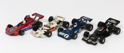 GRAND PRIX: Four 1:42 scale die-cast model toys of Grand Prix racing cars from the 1970s by Corgi (3) and Matchbox (Brabham)