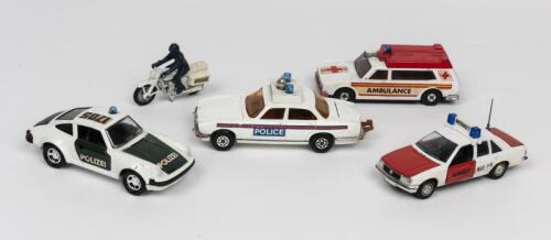 EMERGENCY VEHICLES: A collection of four 1:32 scale model toys of emergency cars and one motorcycle