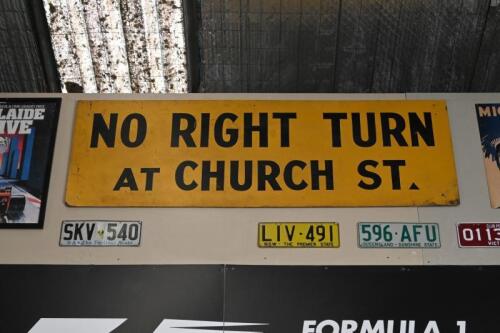 RICHMOND, VICTORIA: A large Masonite street sign &lsquo;NO RIGHT TURN AT CHURCH ST.&rsquo; (60cm high x 180cm wide) (NOTE LOCATION)
