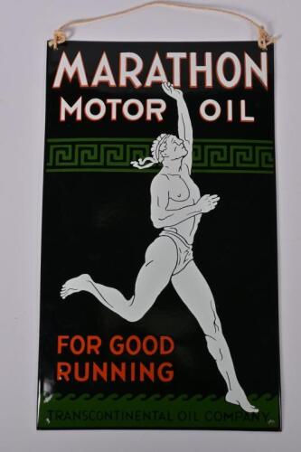 MARATHON: A reproduction convex enamel Marathon Motor Oil sign