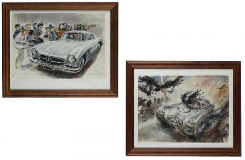 MERCEDES: Two reproduction prints featuring a Mercedes Benz 300SL