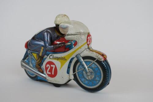 RACING: An original Japanese tin friction toy motorcyle with rider by ATC Champion 27 cms long