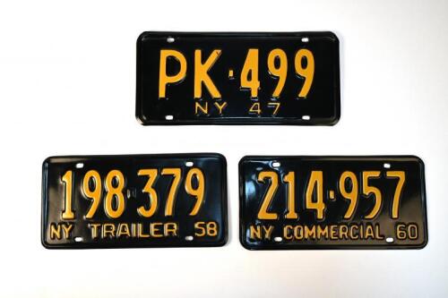 NEW YORK: Three restored original number plates, 1947, 1958 & 1960