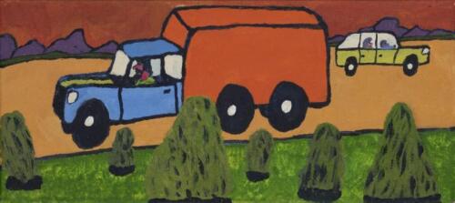 BILLY TJAMPIJIMPA KENDA, Orange Truck (Untitled) 2010, synthetic polymer paint on linen, 46 x 20cm