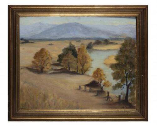 M YOUNG, River Bend (Untitled), oil on artist board, signed lower right: M YOUNG, 40 x 49.5cm