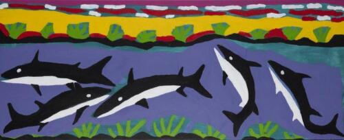 AMY JIRWULURR JOHNSON, Fresh Water Shark 2003, acrylic on canvas, bears lable verso: Palya Art catalogue number: 1669, Ngukurr Arts catalogue number: AJ362/03, 55 x 136cm