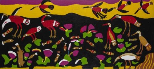 AMY JIRWULURR JOHNSON, Looking for Fish 2003, synthetic polymer on linen, 56 x 123cm, NOTE: Colour Square stretcher frame