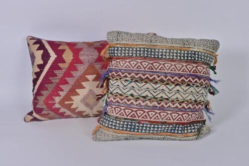 CUSHIONS: Two cushions designed and manufactured by Anne Mannion of Blackthorn Textiles, Yea Victoria<br />with native American design<br />35 x 54m each