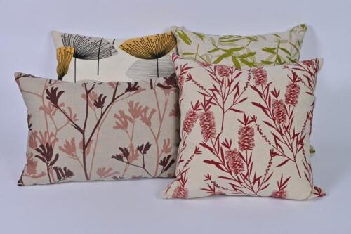 CUSHIONS: A collection of four stylised foliage decorated linen and cotton cushions by&nbsp;Anne Mannion of Blackthorn Textiles, the largest 37 x 37cm