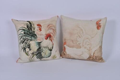 CUSHIONS: A pair chicken decorated cotton cushions by Anne Mannion of Blackthorn textiles