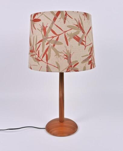 LAMP: A turned hardwood table lamp by Tomi with handprinted linen shade by Ann Mannion of Blackthorn textiles,&nbsp;58cm high