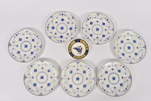 DENMARK PATTERN: Two Mason's and five Furnivals "Denmark" pattern ribbed blue and white porcelain plates, together with Royal Copenhagen blue pheasant decorated pin dish by C. Joachim, circa 1995, 20cm dimeter