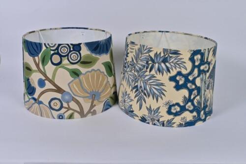 LAMPSHADES: Two printed linen lampshades by&nbsp;Anne Mannion of blackthorn textiles,&nbsp;26cm high, 39cm diameter