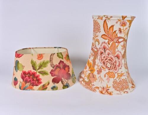 LAMPSHADES: Two printed linen lampshades&nbsp;by&nbsp;Anne Mannion of blackthorn textiles,&nbsp;40cm high, 36cm diameter and 20cm high, 41cm wide, 26 cm deep