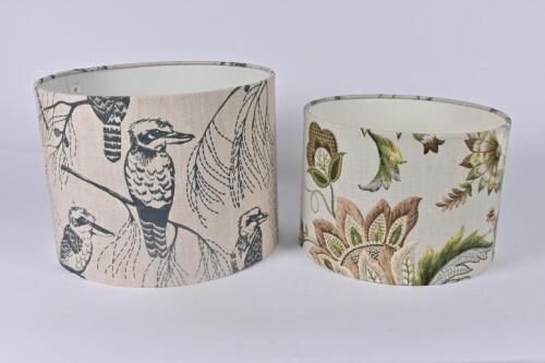 LAMPSHADES: Two printed linen lampshades by&nbsp;Anne Mannion of blackthorn textiles,&nbsp;one kookaburra decorated, the other floral decorated,&nbsp;25cm high, 33cm diameter and 20cm high, 28.5cm diameter