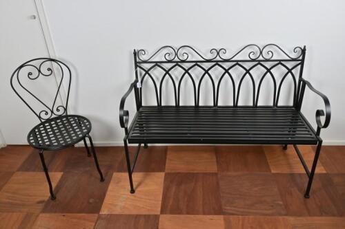 BENCH SEAT: A gothic style modern light gauge metal bench seat and side chair