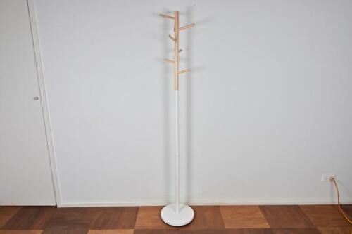 A contemporary white painted metal and blonde wood tree from hatstand, 172cm high