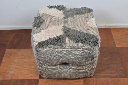 POUFFE: A square wool embroidered pouffe, central button loose, 38cm high, 50cm wide, 50cm deep