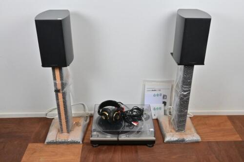 STEREO: A Technics SL-1200 MK2 quartz direct drive turntable, a pair of Wharfedale 100 Watt speakers with stands and a pair AKG headphones *(see note)