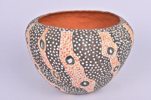 KANTIJPAI ARMSTRONG, A terracotta vessel depicting waterholes 2008, signed and date to base, 18cm high, 26cm diameter
