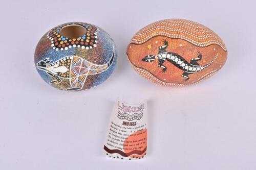 INDIGENOUS ARTIFACTS: A handpainted emu egg and a squat vase