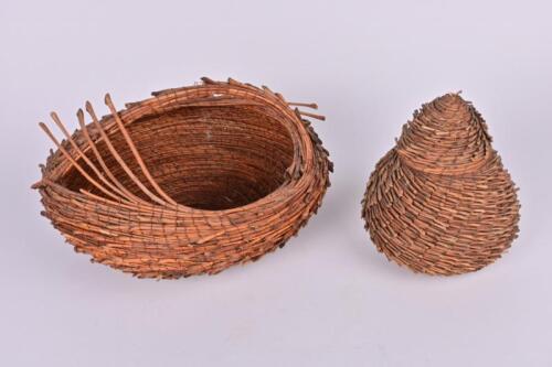 BASKETS: Two hand woven baskets, one in the form of a pair, the largest 37cm diameter