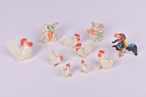 NOVELITY FIGURINES: A collection porcelain figures of chickens and rabbits, the tallest 7cm high