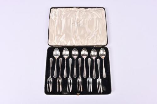 FLATWARE: A silver plate desert set and desert forks in canteen by James Dixon and Sons and Harrison Brothers and Howson, the largest canteen 22.5cm wide