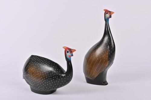 GUINEAFOWL: A pair of carved hardwood helmeted Guinea fowl, South Africa, late 20th century, the tallest 32.5cm, editioned: 157/2000 and 212/2001