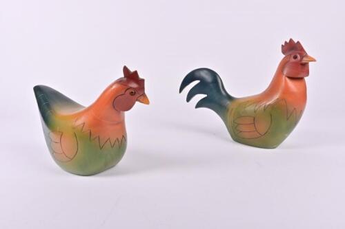 CHICKENS: A carved hardwood rooster and hen by Dinkum Birds of Australia, the rooster 19cm high